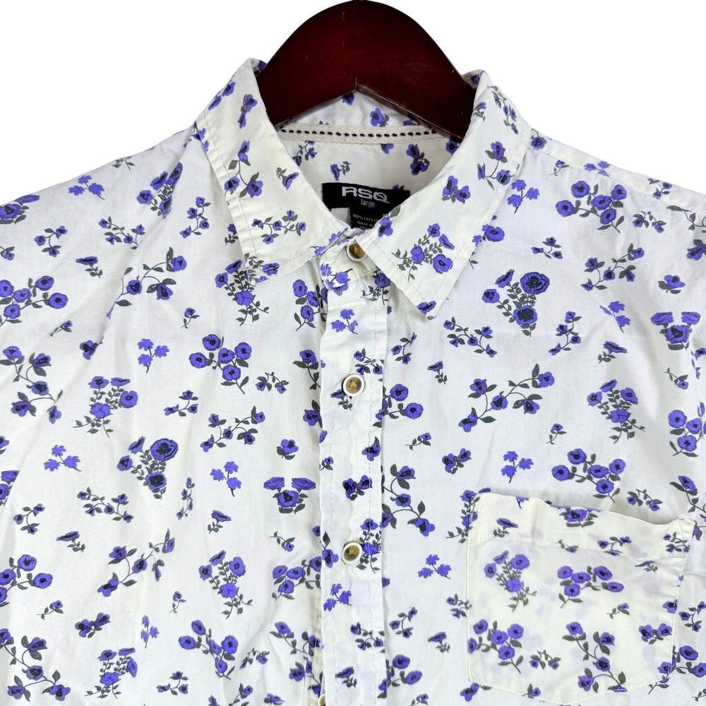 RSQ Mens Large White Blue Floral Print Short Sleeve Button Up Shirt